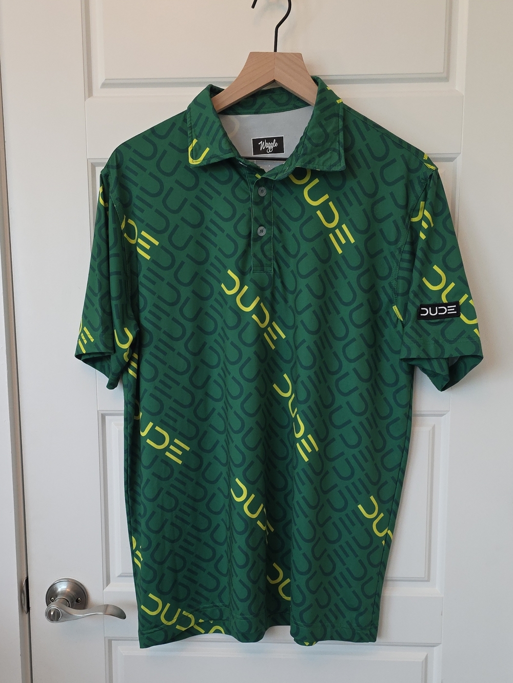 Waggle Golf "Dude" Performance Polo Shirt - Green/Neon Yellow All Over Print - L